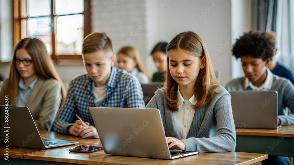 Group of multiethnic high school students sitting at desk in classroom Group of multiethnic high school students sitting at desk in classroom