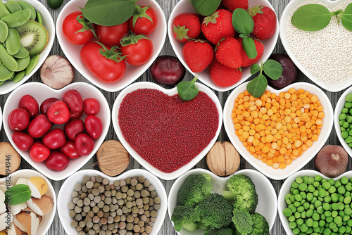 Heart-Shaped Bowls with Healthy Superfoods: A Colorful Display of Fresh Fruits and Vegetables