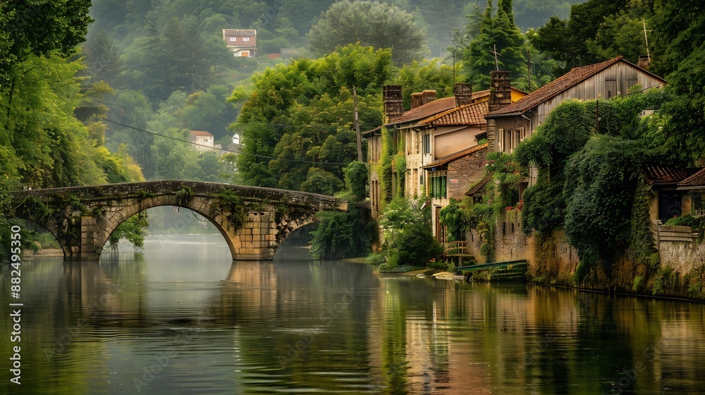 Stone Bridge Over a Tranquil River in a Picturesque Village Stone Bridge Over a Tranquil River in a Picturesque Village