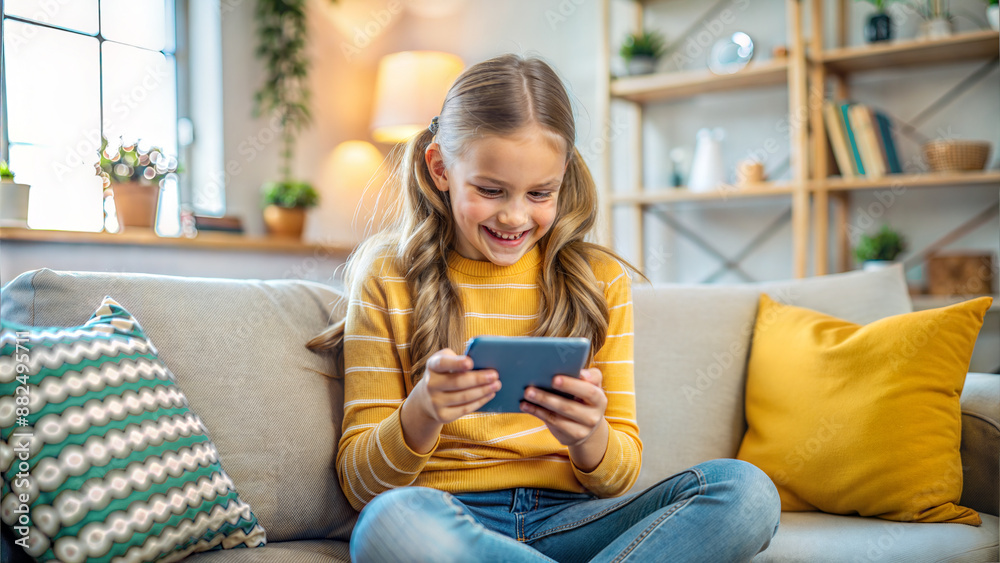 Obraz premium Cute little girl using smartphone while sitting on sofa in living room at home