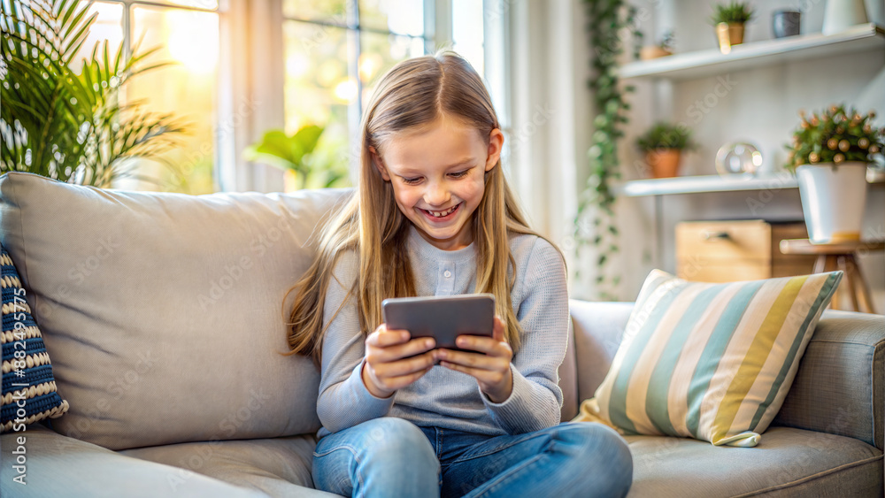Little girl sitting on sofa and using smartphone at home in the living room Little girl sitting on sofa and using smartphone at home in the living room
