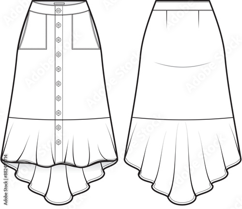 A technical fashion drawing for a mullet skirt with buttons and pockets in the front and darts at the back. The mullet skirt is characterized by being shorter in the front and longer in the back.