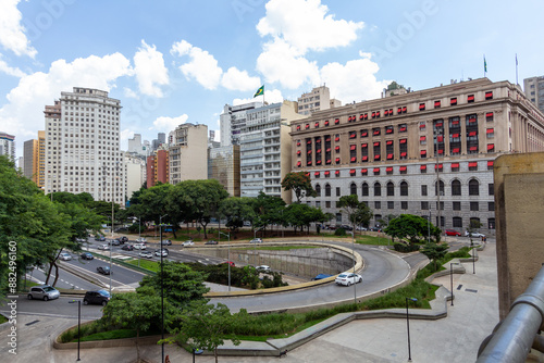 Saída da Av 23 de Maio no Vale do Anhangabaú - SÃO PAULO, SP, BRAZIL - MARCH 17, 2024: Exit from 23 de Maio avenue of the Vale do Anhangabaú, with the Alexandre Mackenzie and Brasilar buildings.