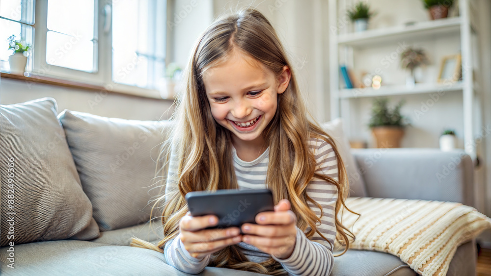smiling little girl using smartphone on sofa at home in living room smiling little girl using smartphone on sofa at home in living room