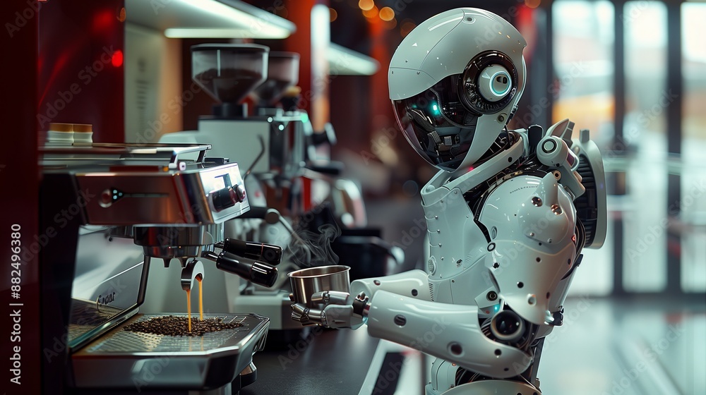 Fototapeta premium A robot of the future is making coffee for guest