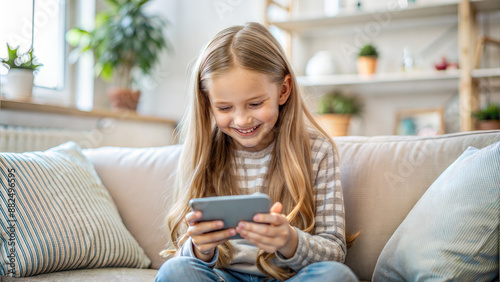 Smiling little girl sitting on sofa and using smartphone at home.