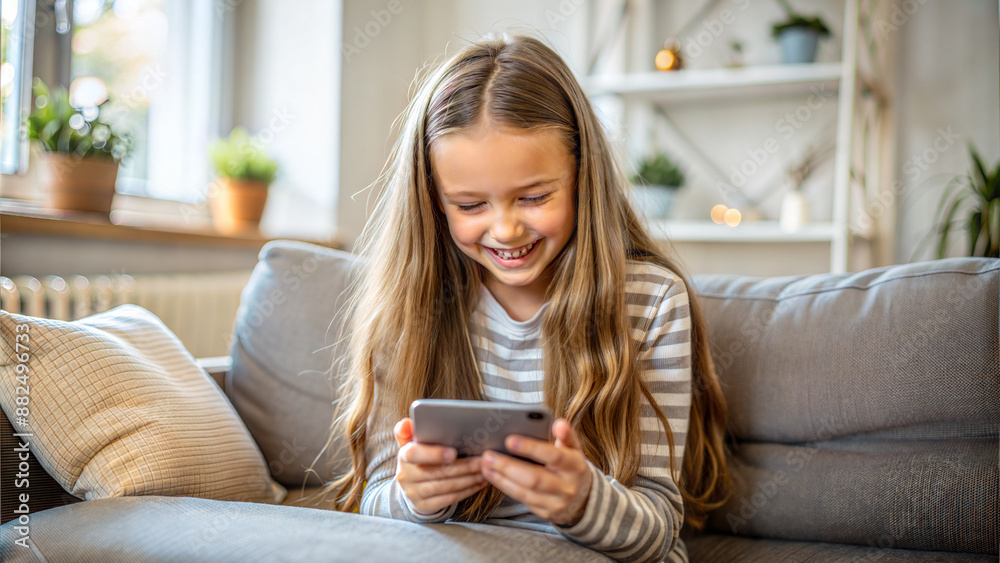 Adorable smiling little girl using smartphone while sitting on sofa at home Adorable smiling little girl using smartphone while sitting on sofa at home