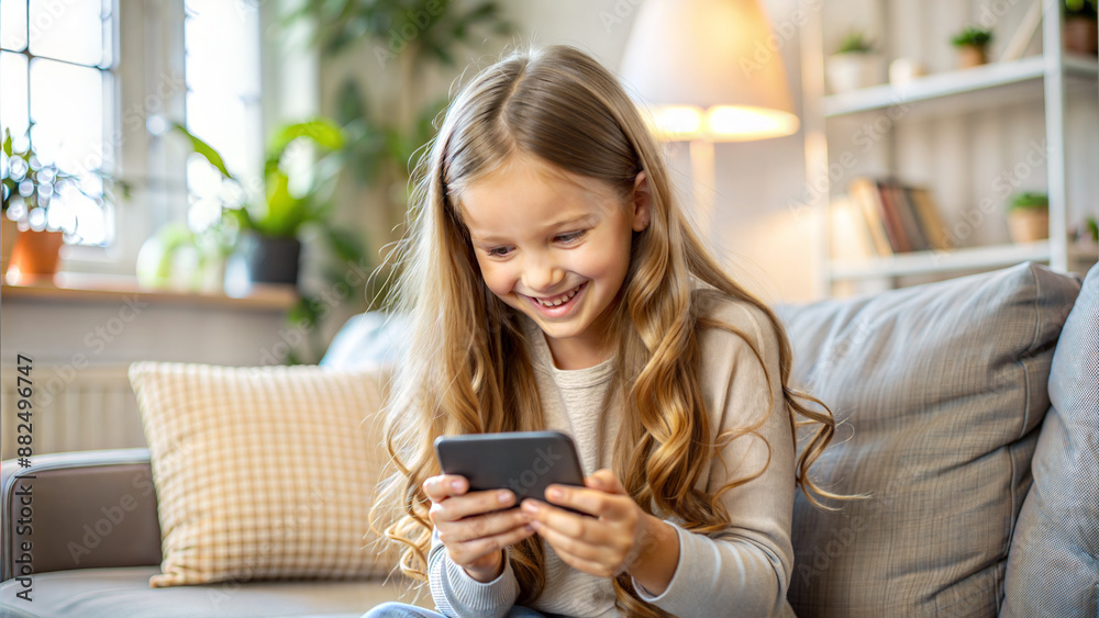 smiling little girl with smartphone at home in the living-room smiling little girl with smartphone at home in the living-room