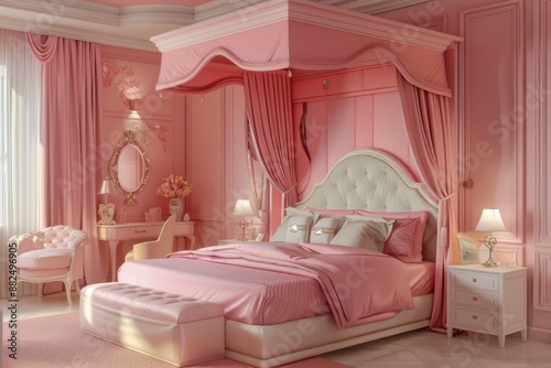 Pink Bedroom with Elegant Canopy Bed and Pastel Decor