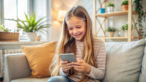 Cute little girl using smartphone while sitting on sofa in living room at home