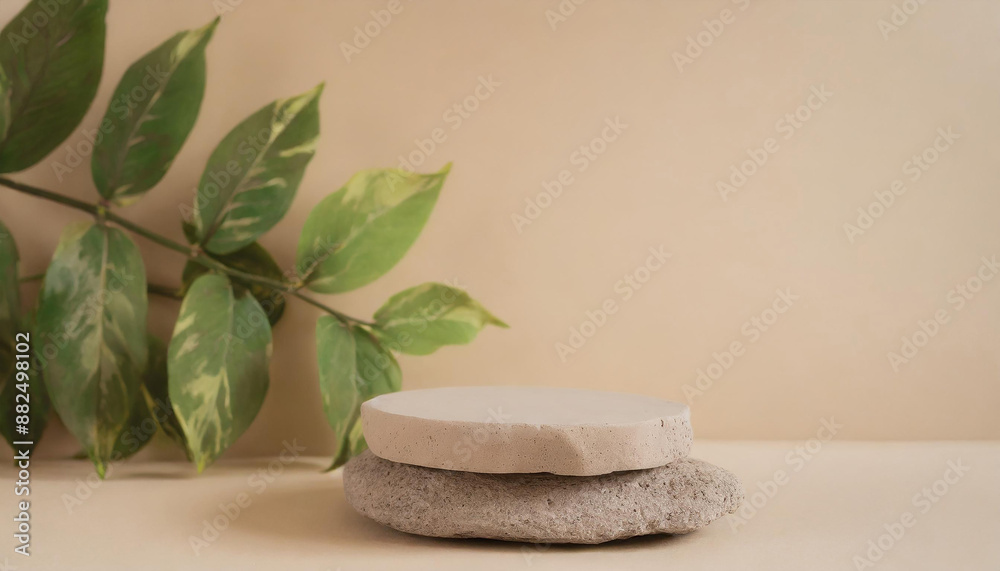 stone podium on a beige background with beautiful green leaves. Mockup for the presentation of organic products and cosmetics. Background with empty space for text. Generative AI stone podium on a beige background with beautiful green leaves. Mockup for the presentation of organic products and cosmetics. Background with empty space for text. Generative AI