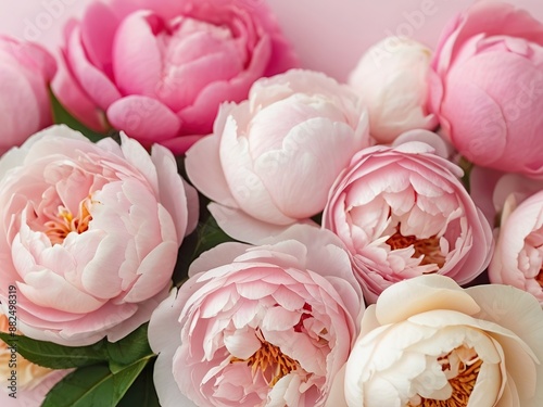 delicate white and pink peonies with green leaves