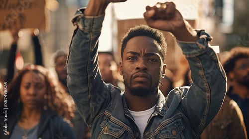 A determined African American man among the crowd, angry, proud and confident, fighting and protesting with raised fists against racism, for justice and equality - Black Lives Matter photo