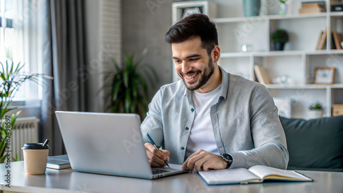 smiling young businessman working with laptop and writing in notebook at home
