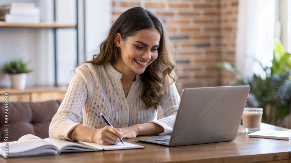 Smiling young woman working on laptop at home. Smiling female freelancer sitting at table with notebook and writing in notepad. Remote work concept Smiling young woman working on laptop at home. Smiling female freelancer sitting at table with notebook and writing in notepad. Remote work concept