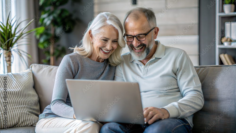 Happy senior couple using laptop computer at home. Cheerful mature man and woman sitting on sofa in living room and using laptop together. Technology concept Happy senior couple using laptop computer at home. Cheerful mature man and woman sitting on sofa in living room and using laptop together. Technology concept