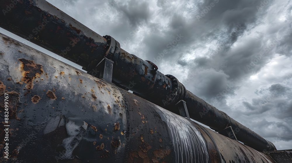 Low angle view of water leaking from huge old pipeline against cloudy sky. Low angle view of water leaking from huge old pipeline against cloudy sky.