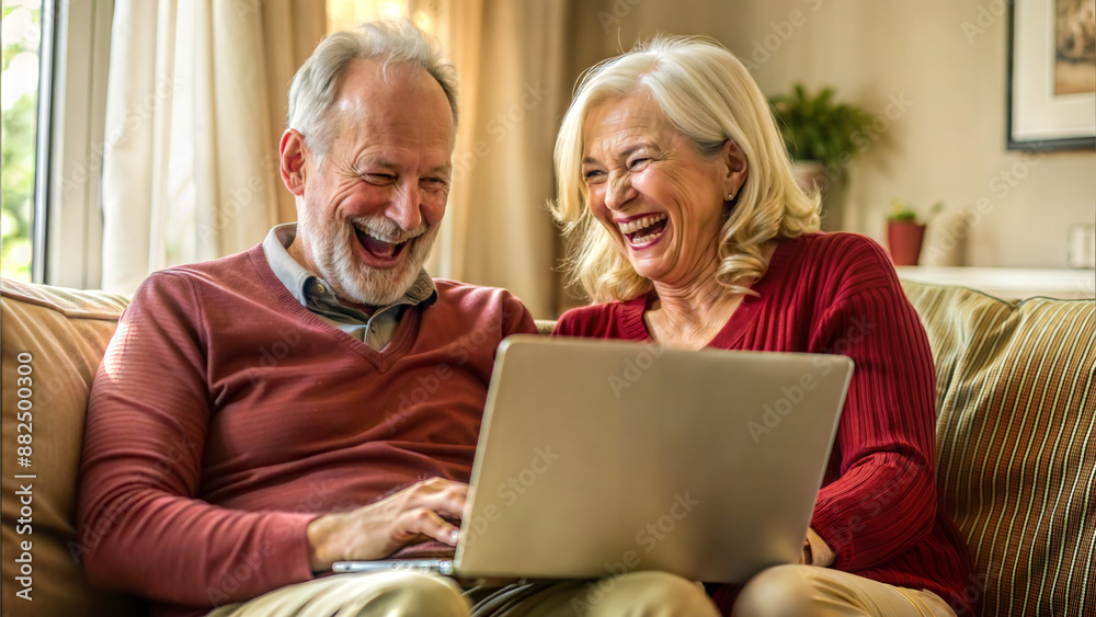 Senior couple using laptop computer at home in the living room. Retirement lifestyle and technology concept. Senior couple using laptop computer at home in the living room. Retirement lifestyle and technology concept.