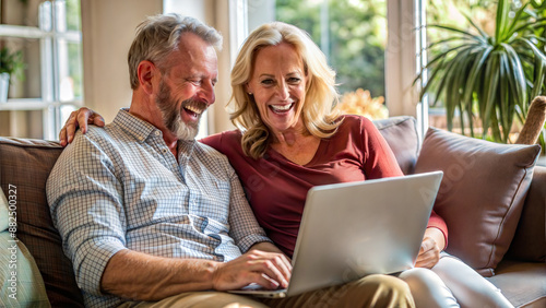 Senior couple using laptop at home in the living room. They are laughing and looking at the camera.