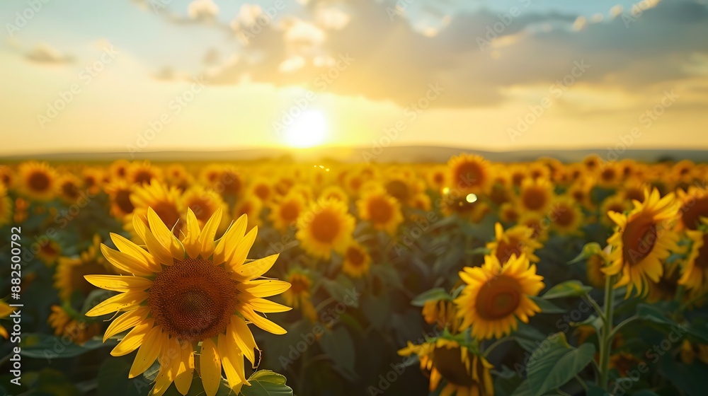 Fototapeta premium landscape of vast agricultural field with blooming yellow sunflowers in summer countryside during sunset. 