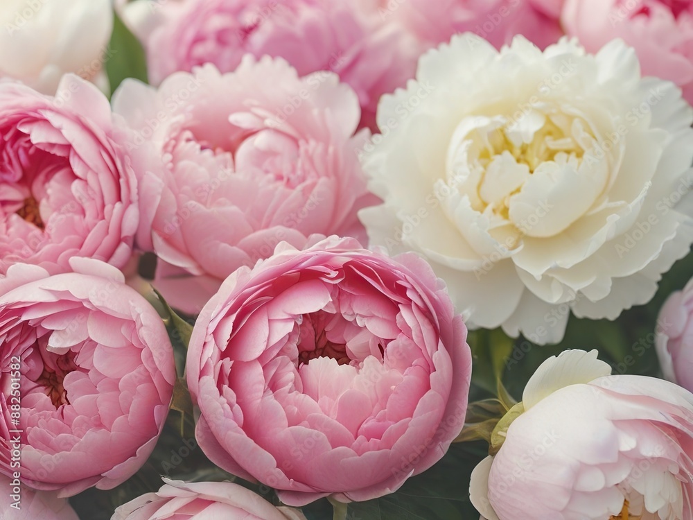 Floral masterpieces, white and pink peonies, close-up, beauty of blooming Floral masterpieces, white and pink peonies, close-up, beauty of blooming