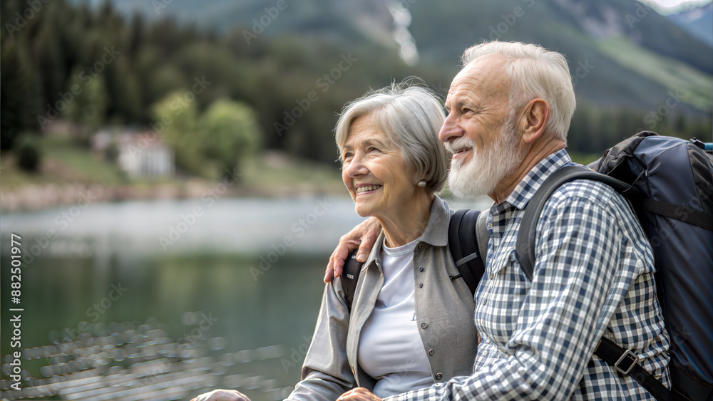 Portrait of a happy senior couple at the lake in the mountains Portrait of a happy senior couple at the lake in the mountains