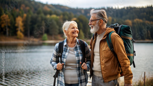 Senior couple hiking in nature. They are looking at camera and smiling © NewFresh 