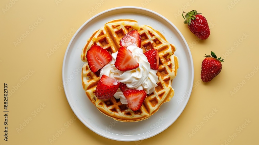 A flat lay of a plate with a stack of waffles topped with strawberries and whipped cream on a pale yellow background