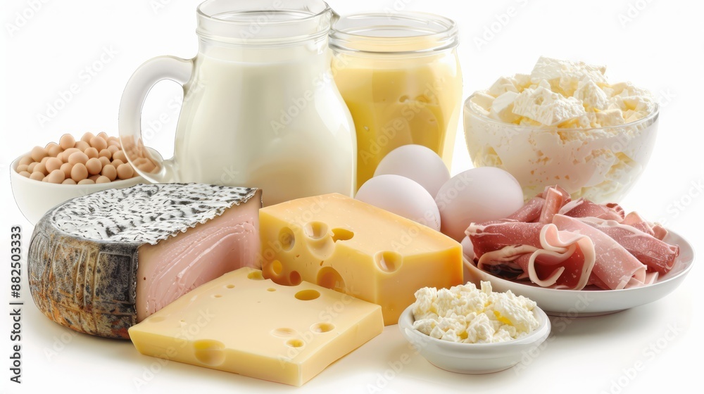Dairy products such as milk, cheese, egg, yogurt and butter. Dairy products such as milk, cheese, egg, yogurt and butter.