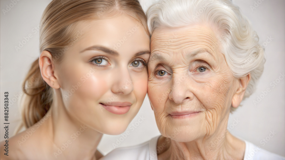 Portrait of senior woman and her granddaughter looking at camera on light background Portrait of senior woman and her granddaughter looking at camera on light background