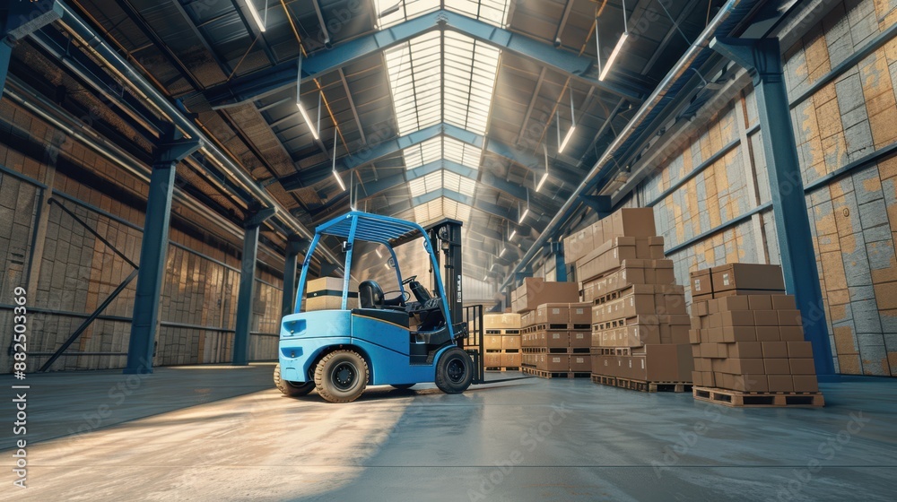 The blue forklift in warehouse The blue forklift in warehouse