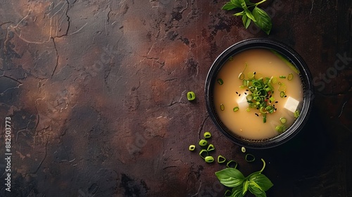 A flat lay featuring a bowl of miso soup with a few scattered green onions on a dark brown background