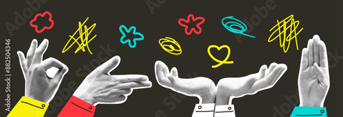 Halftone hand gestures set. Drawn clothes in hand drawn. Collection of Element and Shape. Scribble. Vector illustration. Trendy style. Collage torn paper. Retro y2k style. Doodle. Funky punk. Graffiti