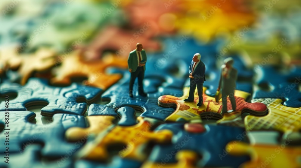 Fototapeta premium Close-up of tiny businesspeople working on a jigsaw puzzle on a conference table