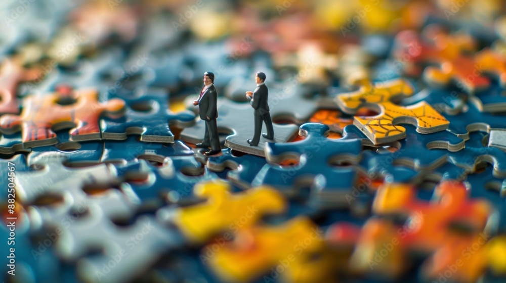 Obraz premium Close-up of tiny businesspeople working on a jigsaw puzzle on a conference table