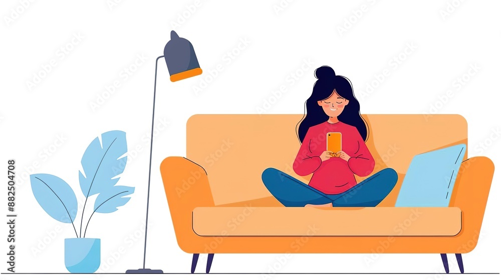 Young woman sitting on sofa using her smartphone.