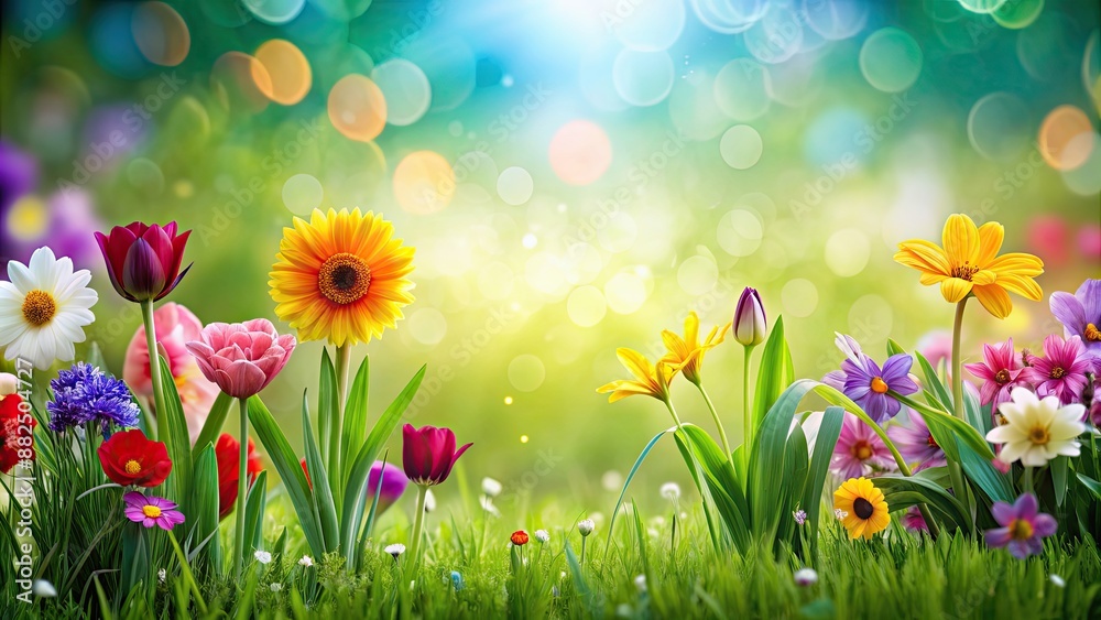 Fototapeta premium Vibrant spring flowers blooming in lush green grass with a bokeh background, spring, flowers, blooming, vibrant, green grass