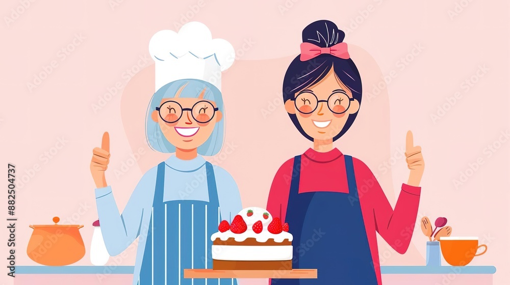 Two happy women in aprons and glasses proudly present a delicious cake. Two happy women in aprons and glasses proudly present a delicious cake.