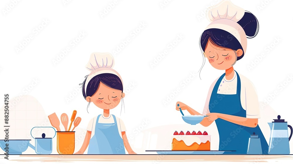 Mother and daughter baking cake together in the kitchen. Mother and daughter baking cake together in the kitchen.