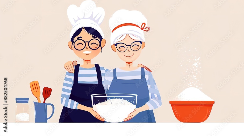 Grandmother and granddaughter baking together in the kitchen. Grandmother and granddaughter baking together in the kitchen.