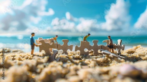 Miniature people collaborating on a jigsaw puzzle on a sandy beach under a blue sky