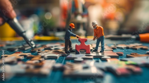 Miniature figures of various professions collaborating on a puzzle in a workshop