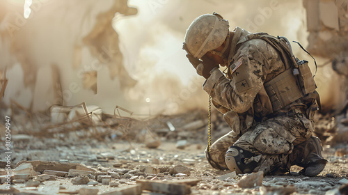 soldado en medio de la guerra y todo destruido pidiendo a Dios que termine la guerra que pare tanta destruccion y crueldad triste y deprimido photo