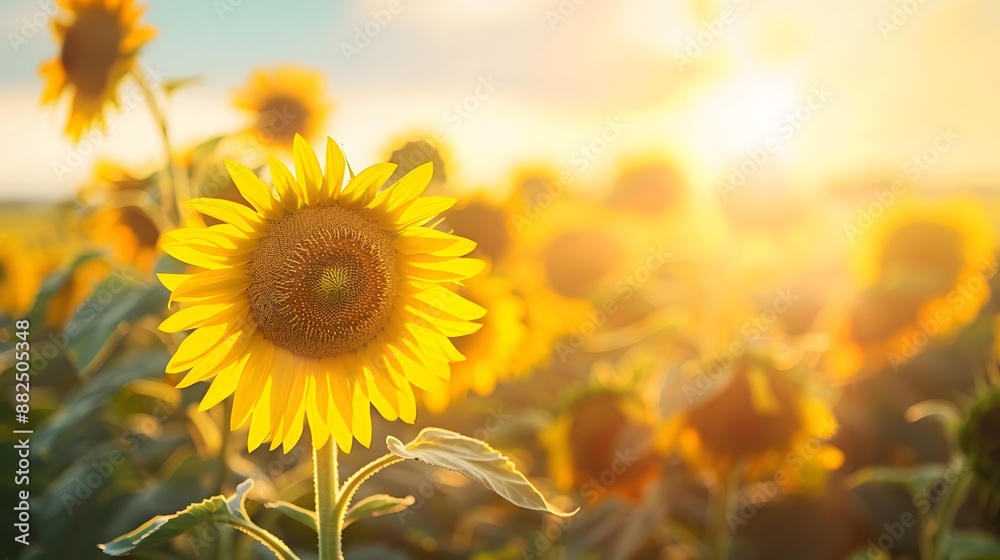 Fototapeta premium landscape of vast agricultural field with blooming yellow sunflowers in summer countryside during sunset. 