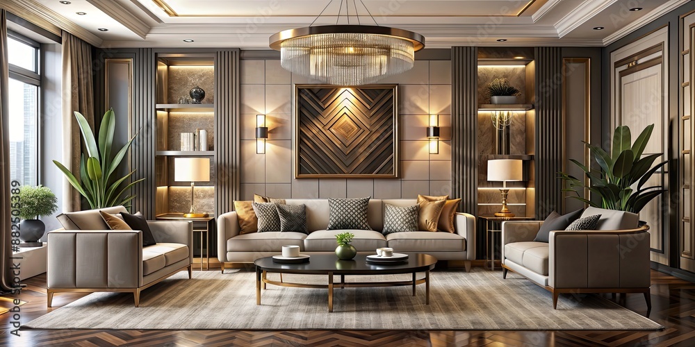 Sophisticated modern living room with art deco elements , art deco, elegant, luxurious, interior design, geometric patterns Sophisticated modern living room with art deco elements , art deco, elegant, luxurious, interior design, geometric patterns