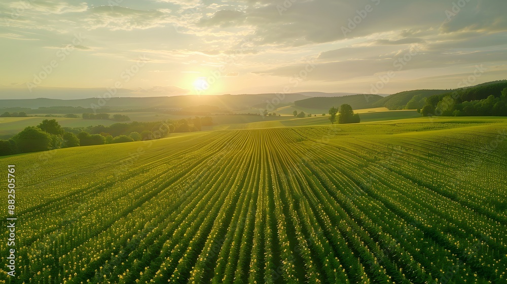 landscape of vast agricultural field with blooming yellow sunflowers in summer countryside during sunset. landscape of vast agricultural field with blooming yellow sunflowers in summer countryside during sunset.