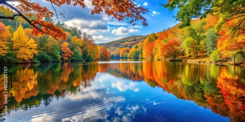 Tranquil lake surrounded by vibrant autumn foliage , fall, foliage, trees, reflection, water, nature, peaceful, serene
