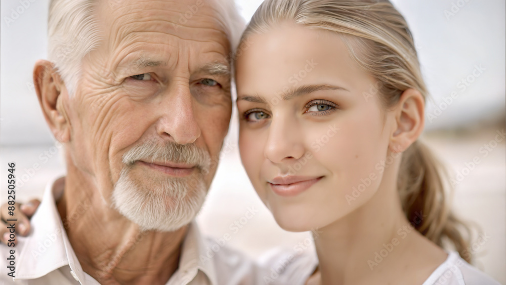 Portrait of senior man and young woman embracing each other on blurred background