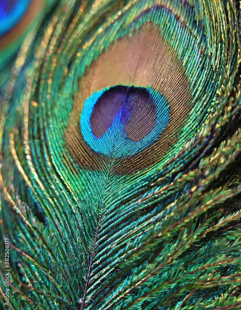 Fototapeta premium A mesmerizing peacock feather, its intricate patterns and vibrant colors captured in a close-up