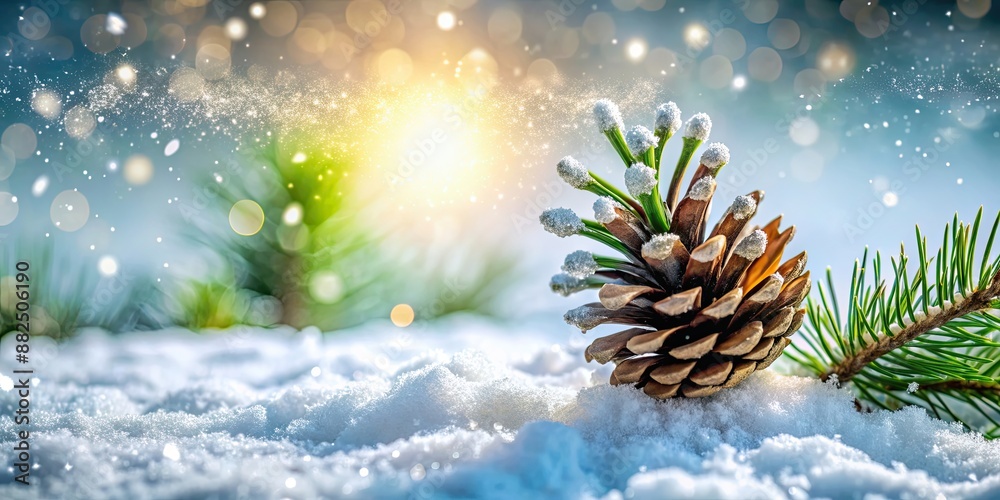 Snow-covered pine cone and green needles against magical light background, winter, serene, scene, snow, pine cone, green Snow-covered pine cone and green needles against magical light background, winter, serene, scene, snow, pine cone, green